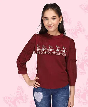 Cutecumber Full Sleeves Scallop Hem Designed Floral Embroidered Top - Maroon