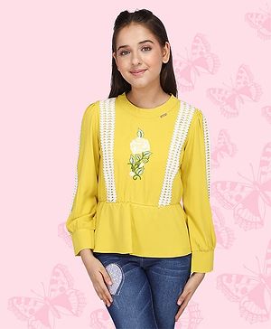 Cutecumber Full Sleeves Flower Embroidered & Lace Embellished Top - Yellow