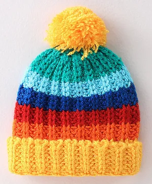 Babyhug 100 Acrylic Knit Woollen Cap - Blue Yellow & Red