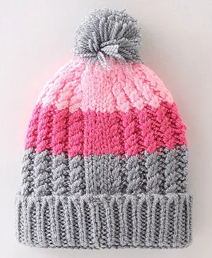 Babyhug 100 Acrylic Knit Woollen Cap - Pink & Grey