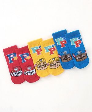 Cute Walk by Babyhug Cotton Blend Ankle Length Anti Bacterial Socks Paw Patrol Design Pack of 3 -  Yellow Red & Blue