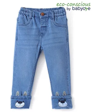 Babyoye Cotton Elastane Full Length Washed Denim Jeans with Teddy Applique - Blue