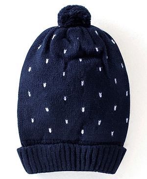 Babyhug Knitted Woolen Cap with Pom Pom Applique - Navy Blue