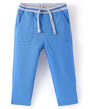 Babyhug Cotton Stretch Woven Full Length with Rib Trouser Solid Colour- Blue