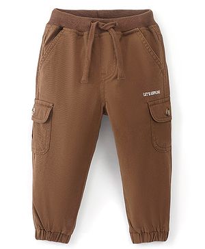Babyhug Cotton Spandex Woven Full Length Solid Joggers - Rust Brown