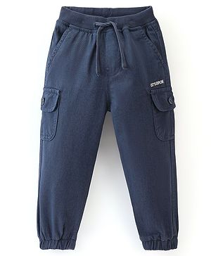 Babyhug Cotton Spandex Woven Full Length Solid Joggers - Navy Blue