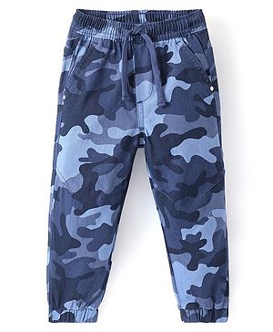Babyhug Cotton Spandex Full Length Elasticated With Stretch Trouser Camouflage Print - Blue