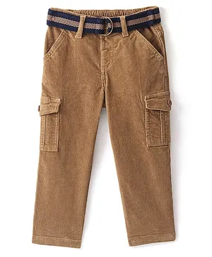 Babyhug Cotton Spandex Full Length Slim Fit Solid Color Corduroy Pants with Stretch - Khaki
