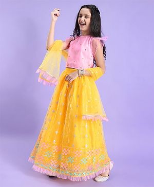 Pine Kids Woven Half Sleeves Lehenga Choli Set Embroidered - Yellow & Pink