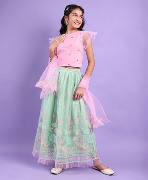 Pine Kids All Over Floral Embroidered Half Sleeves Choli Lehanga Set - Light Blue