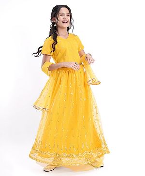 Pine Kids All Over Embroidered Half Sleeves Choli Lehenga  Set- Yellow