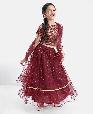 Pine Kids Woven Half Sleeves Brocade Choli Lehenga Set With Dupatta- Maroon