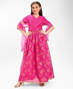 Pine Kids Embroidered Half Sleeves Choli Lehenga  Set- Pink