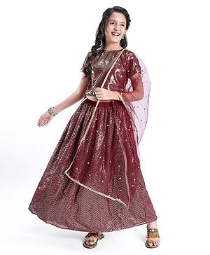 Pine Kids Half Sleeves Sequined Choli and Lehenga with Lace Border Dupatta - Maroon