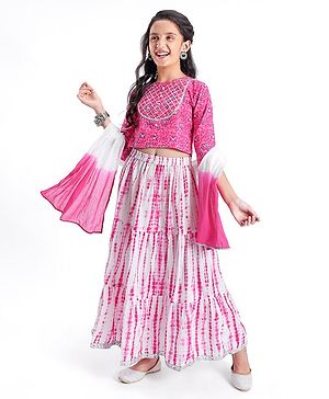 Pine Kids Cotton Three Fourth Sleeves Printed Choli & Tie Dye Lehenga Set- Pink