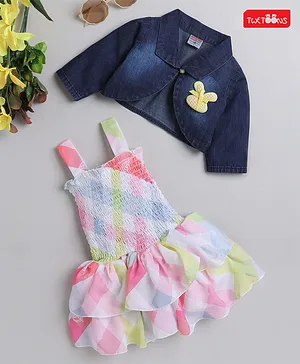 Twetoons Denim Woven Full Sleeves Jacket & Frock With Checkered - Blue & White