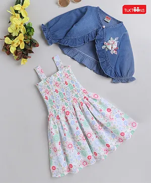 Twetoons Denim Woven Full Sleeves Jacket & Frock With Floral Applique & Print - Blue Pink & White