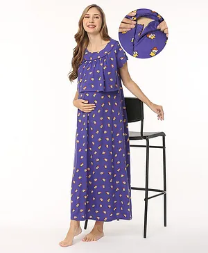 Bella Mama Cotton Half Sleeves Bear Printed Nighty with Concealed Zipper - Violet