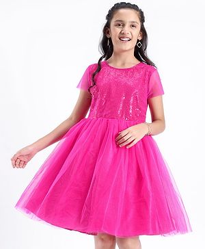 Pine Kids Half Sleeves Sequin Knee Length Party Wear Dress- Hot Pink