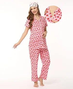 Bella Mama 100% Cotton Knit Short Sleeves Nursing Night Suit Strawberry Print  - Pink