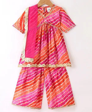 Teentaare Cotton Three Fourth Sleeves Kurta & Sharara with Dupatta Set Leheriya Print - Pink & Orange