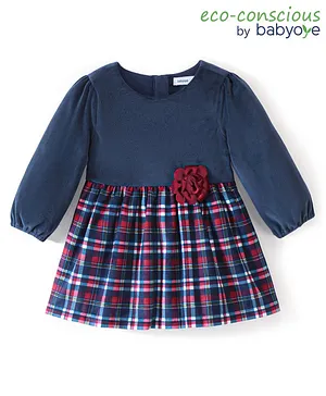 Babyoye Woven Full Sleeve Party Dress Checkered With Floral Applique - Navy Blue & Red