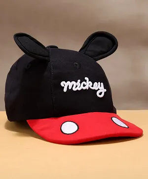 Babyhug Cotton Cap With Ear Applique Mickey Mouse Print Black & Red - Diameter 16.5 cm