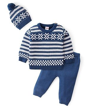 Babyhug Knit Full Sleeves Intarsia Baby Sweater Set with Cap - Navy Babyhug Knit Full Sleeves Intarsia Baby Sweater Set with Cap - Navy