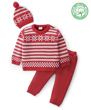 Babyhug Cotton Knit Full Sleeves Sweater Set With Cap - Red Babyhug Cotton Knit Full Sleeves Sweater Set With Cap - Red