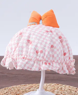 Bonfino Cotton Free Size Bucket Hat with Bow & Cherry Print Pink - Diameter 46 cm