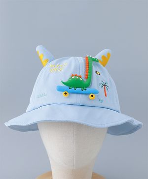 Babyhug Cotton Bucket Hat with Dinosaur Applique Blue - Diameter 16 cm