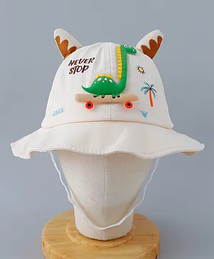 Babyhug Cotton Bucket Hat with Dinosaur Applique Cream - Diameter 16 cm