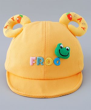 Babyhug Cotton Baseball Cap With Frog Applique - Yellow