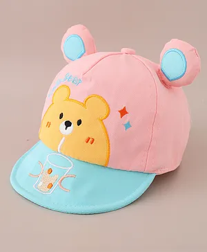 Babyhug Cotton Free Size Summer Baseball Cap with Bear Applique - Pink