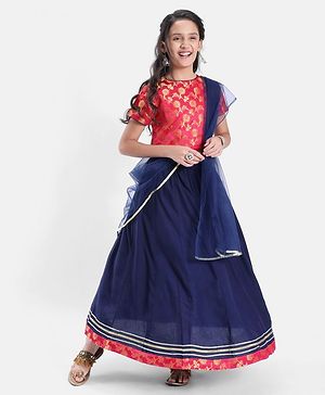 Pine Kids Rayon Half Sleeves Brocade Choli Lehenga  Set- Navy