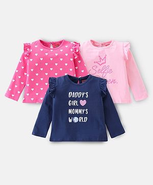 Babyhug 100% Cotton Knit Full Sleeves  Tops with Heart Graphics Pack of 3 -Multicolour