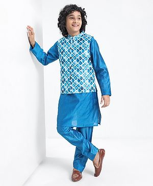 Pine Kids Full Sleeves Kurta Pyjama Set with Printed Bandi - Blue
