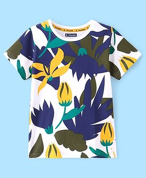 Pine Kids Half Sleeves Floral Print Bio Washed T-Shirt - White