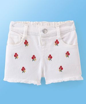 Babyhug Cotton Spandex Mid Thigh Length Stretchable Denim Shorts with Floral Embroidery - White