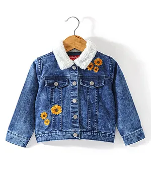 Babyhug Full Sleeves Denim Jackets With Pockets & Flower Embroidery - Blue