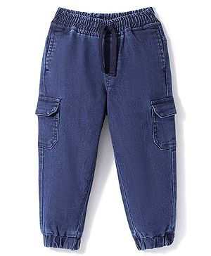 Babyhug Denim Full Length Solid Joggers With Stretch- Dark Blue