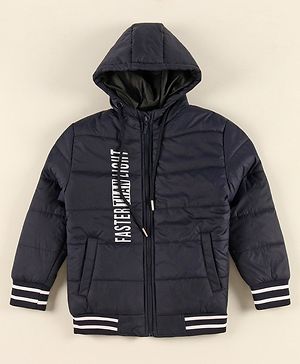 Pine Kids Full Sleeves Medium Winter Hooded Jacket Text Print - Navy Blue