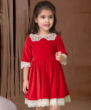 Soleilclo Three Fourth Sleeves Hand Embroidered Lave Embellished Velvet Dress - Red