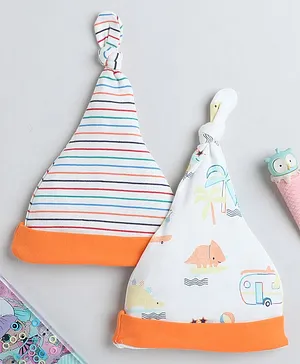 BUMZEE Set Of 2 Striped & Rhinoceros Pritned Knotted Caps - Multi Colour