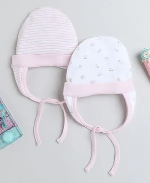 BUMZEE  Pack Of 2 Striped & Flower Printed Ear Flap Cap - Light Pink & White