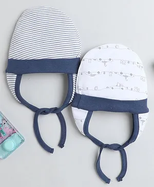 BUMZEE Pack Of 2 Striped & Animals Printed Ear Flap Cap - Navy Blue & White