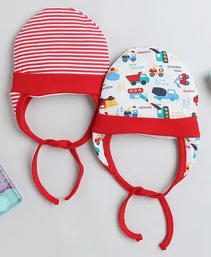 BUMZEE Pack Of 2 Striped & Vehicle Printed Ear Flap Cap - Red & White