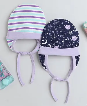 BUMZEE Pack Of 2 Striped & Space Theme Printed Ear Flap Cap - Navy Blue & Lavender