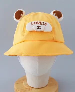 Babyhug Cotton Free Size Bucket Hat with Teddy Applique Yellow - Circumference 50 cm