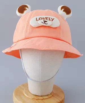 Babyhug Cotton Free Size Bucket Hat with Teddy Applique Orange - Circumference 50 cm